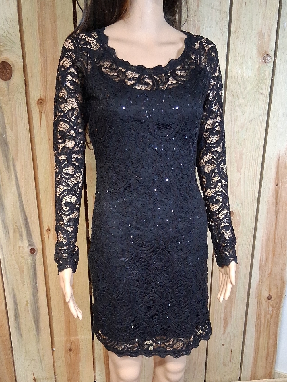Sequin Hearts Womens Sheer Lace Long Sleeve Sequined Bodycon Dress Black Size M